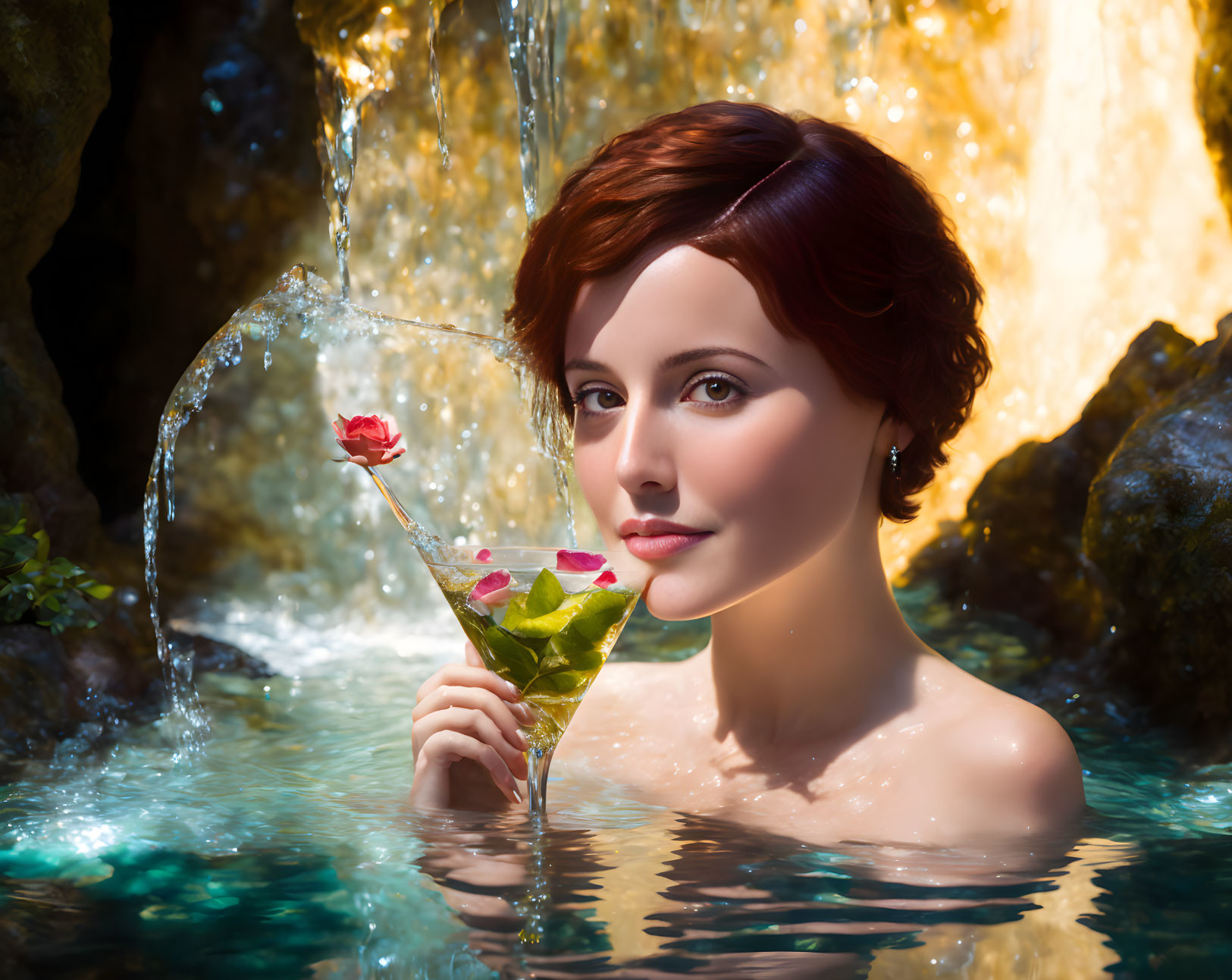 Auburn-Haired Woman Poses by Waterfall with Flower