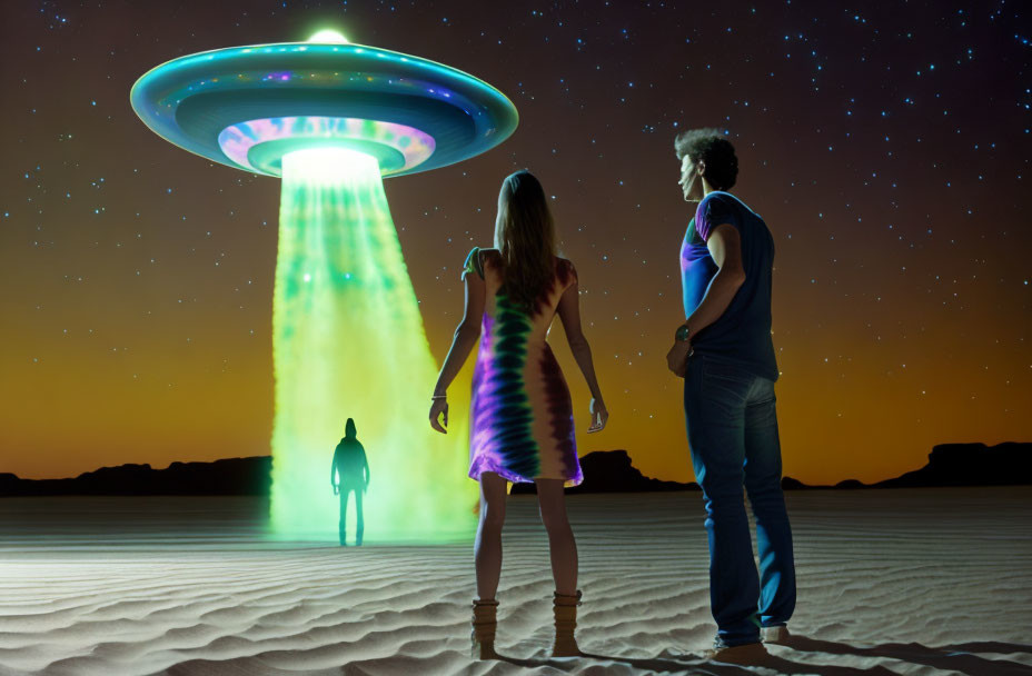 Night desert scene with two people observing large UFO and silhouette.