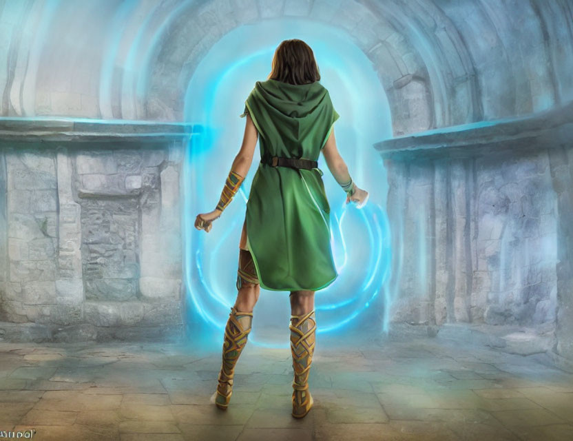 Person in green cloak and sandals by magical portal in stone chamber