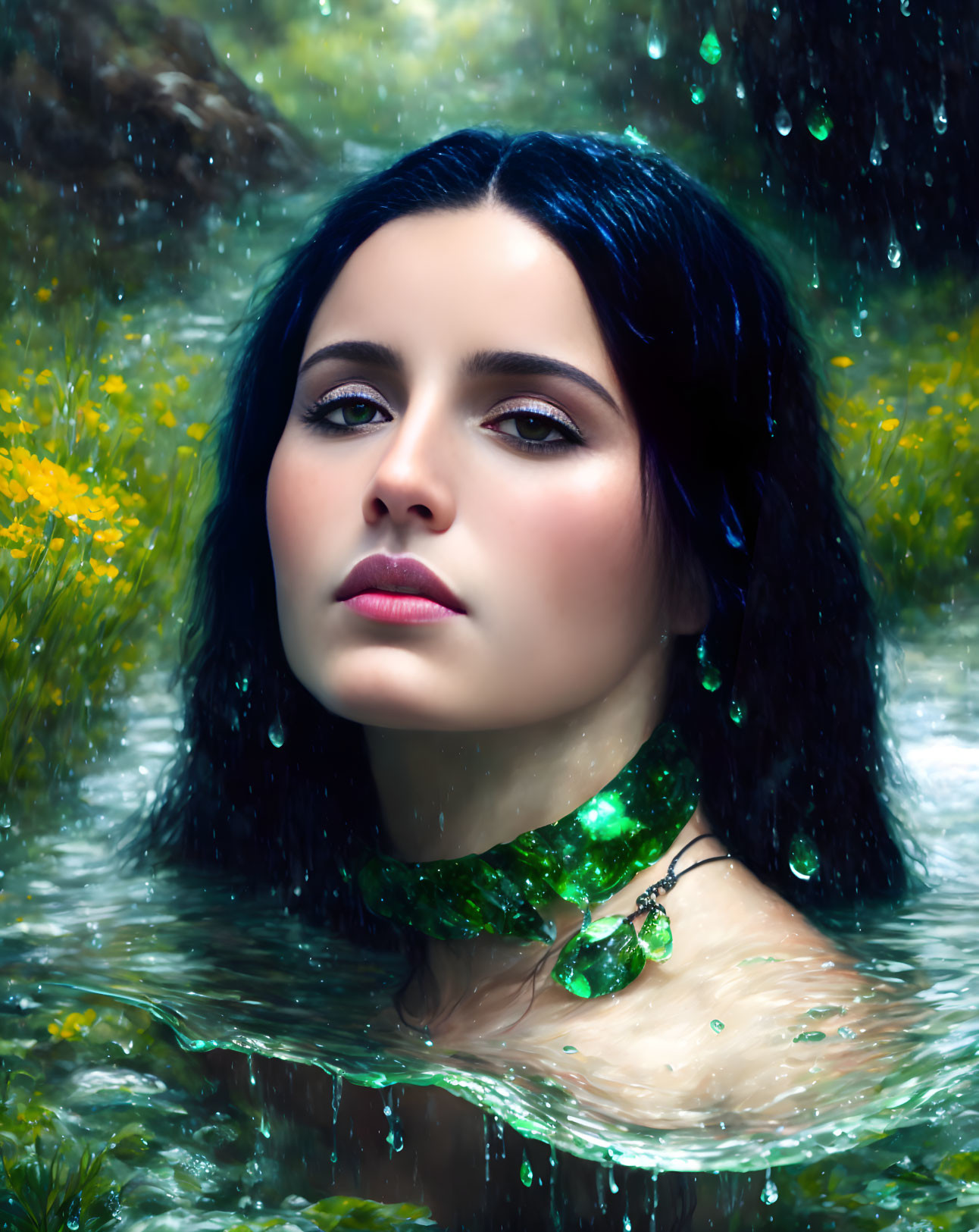 Dark-haired woman emerges from water surrounded by yellow flowers and falling droplets