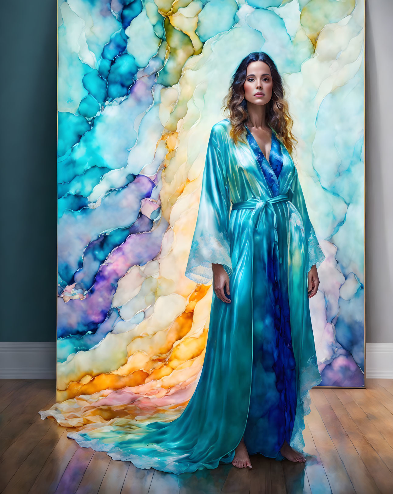 Woman in Turquoise Robe Admiring Abstract Painting