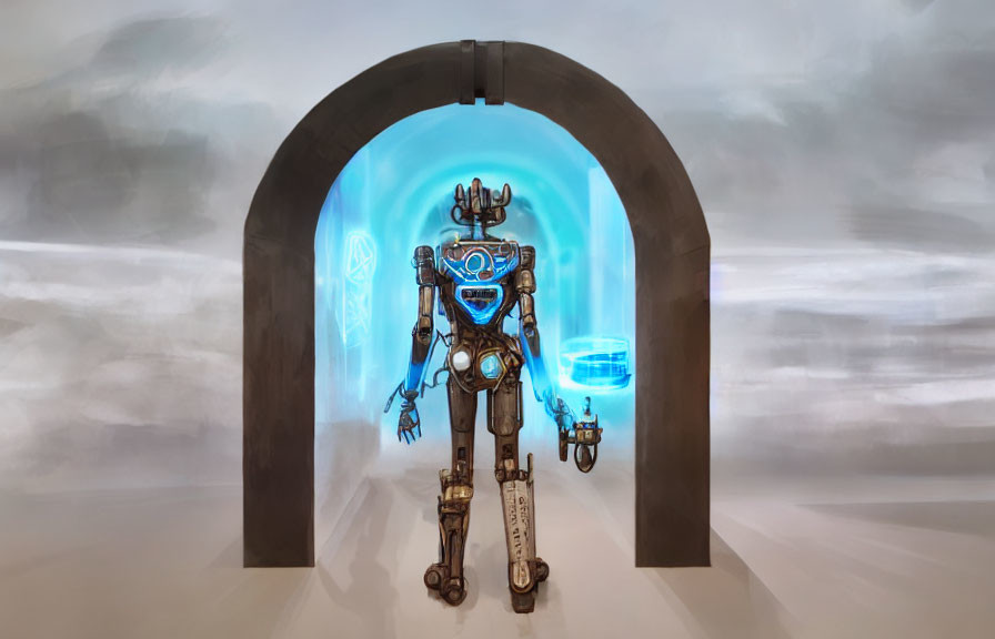 Intricate futuristic robot with glowing blue elements at archway entrance