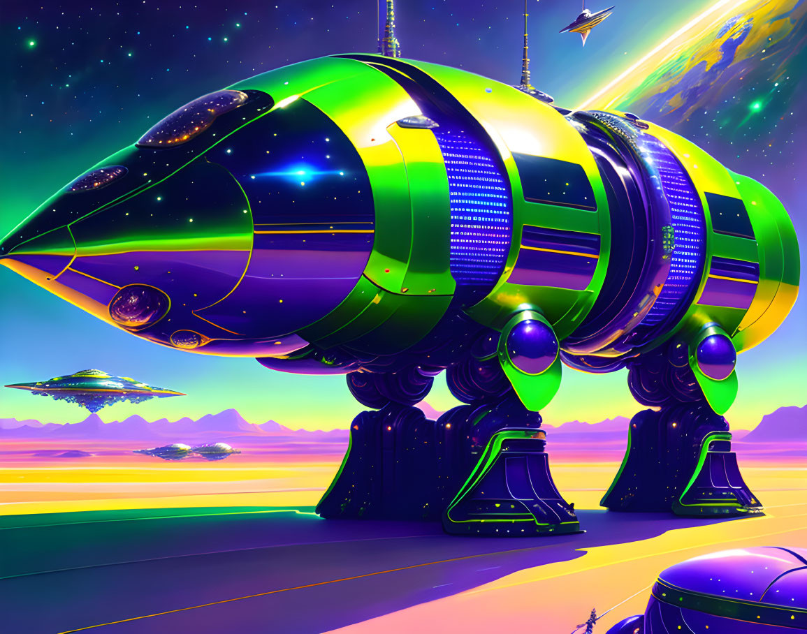 Futuristic green spaceship with legs on glossy surface under purple and yellow sky