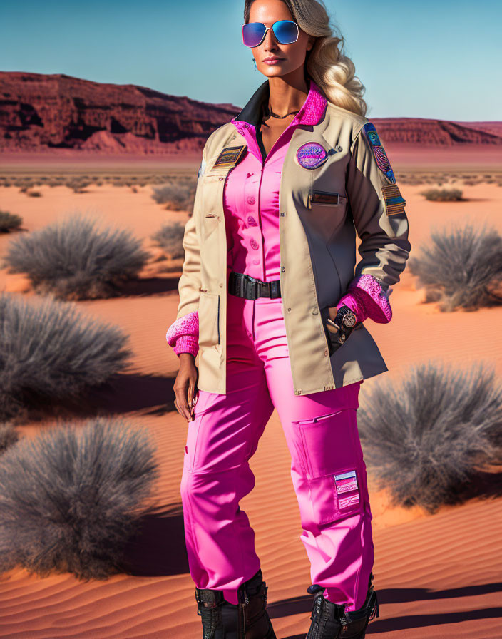 Fashionable Woman in Pink Jumpsuit and Beige Jacket in Desert