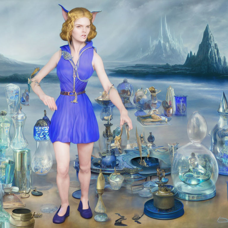 Fantasy illustration of person with elf-like ears in blue dress among magical artifacts and icy mountain landscape