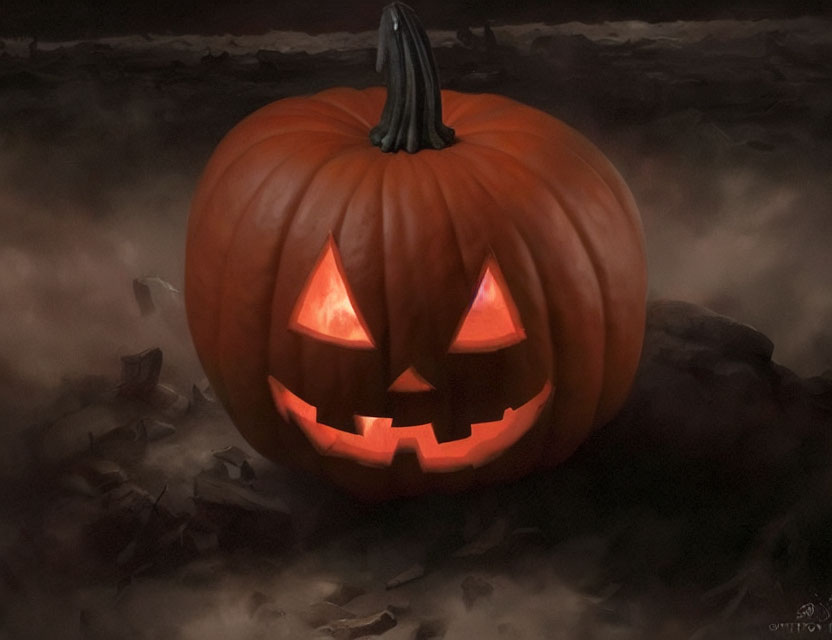 Sinister smile on glowing jack-o'-lantern in dark setting