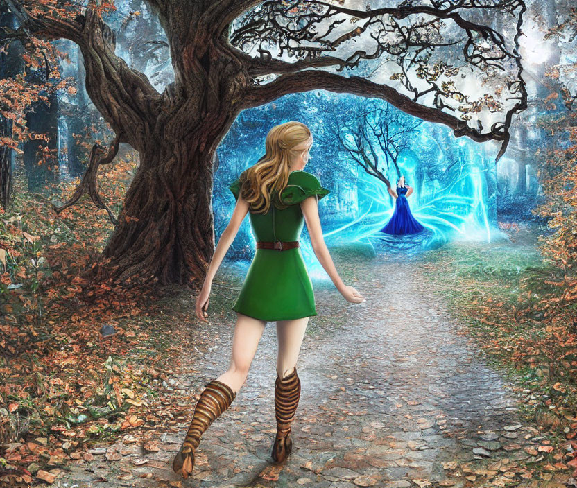 Blonde woman in green dress meets glowing figure in blue dress in autumn forest