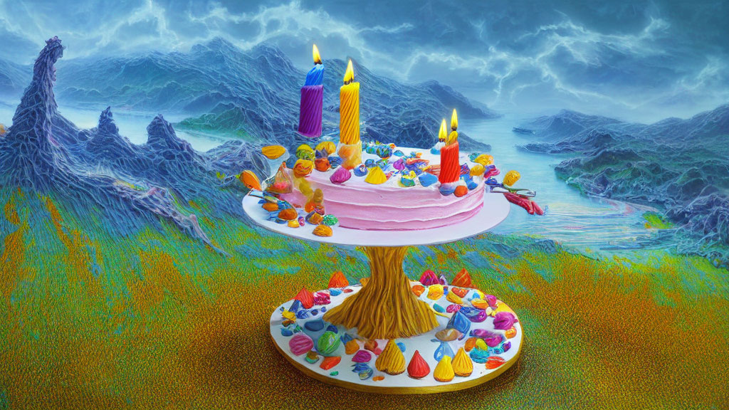 Surreal landscape with blue mountains, stormy sky, colorful dots, cake with candles on tree