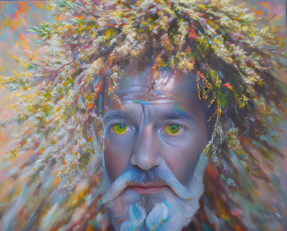 Man with Green Eyes and White Beard Wearing Colorful Foliage Crown