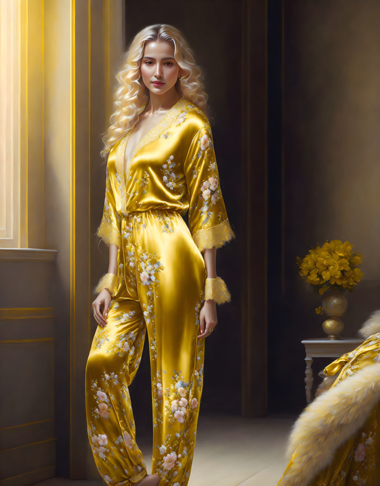 Woman in golden floral jumpsuit basks in sunlight by window