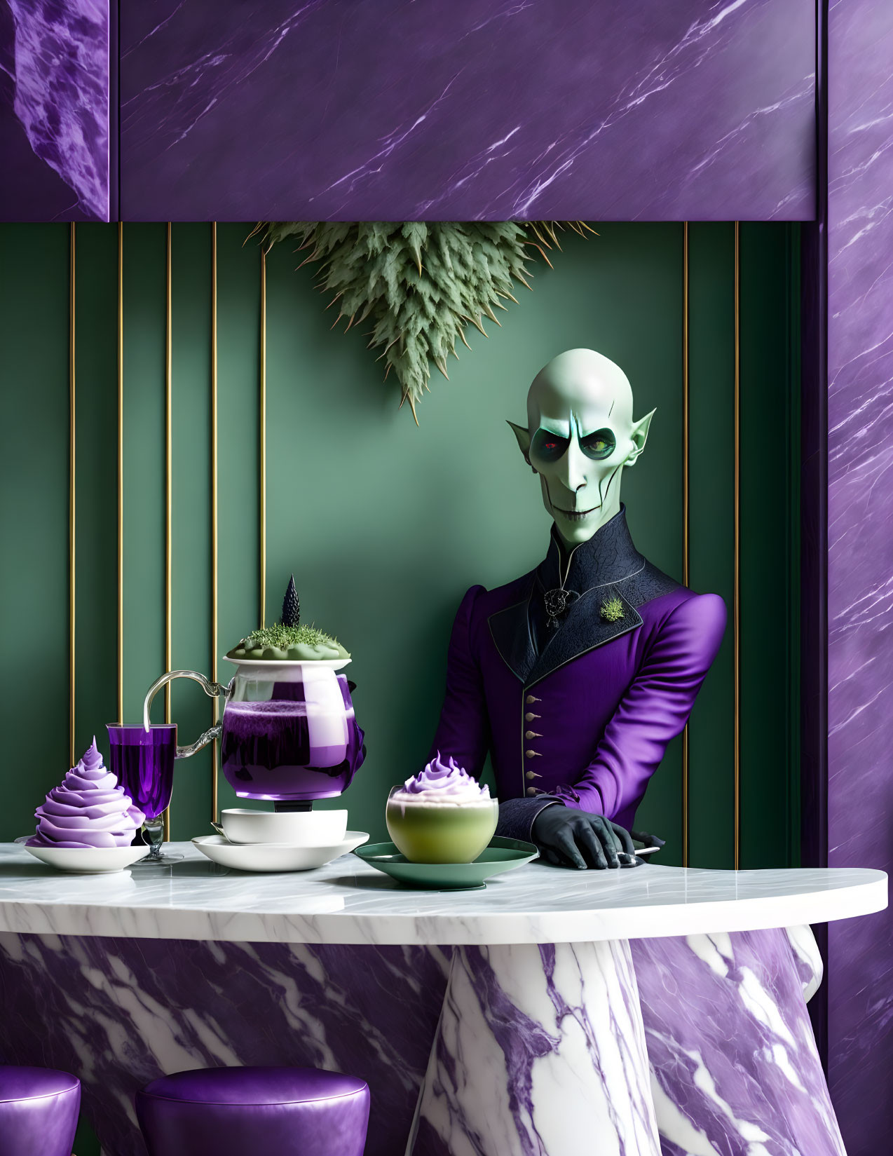 Stylized humanoid alien with green skin at modern table with tea and desserts