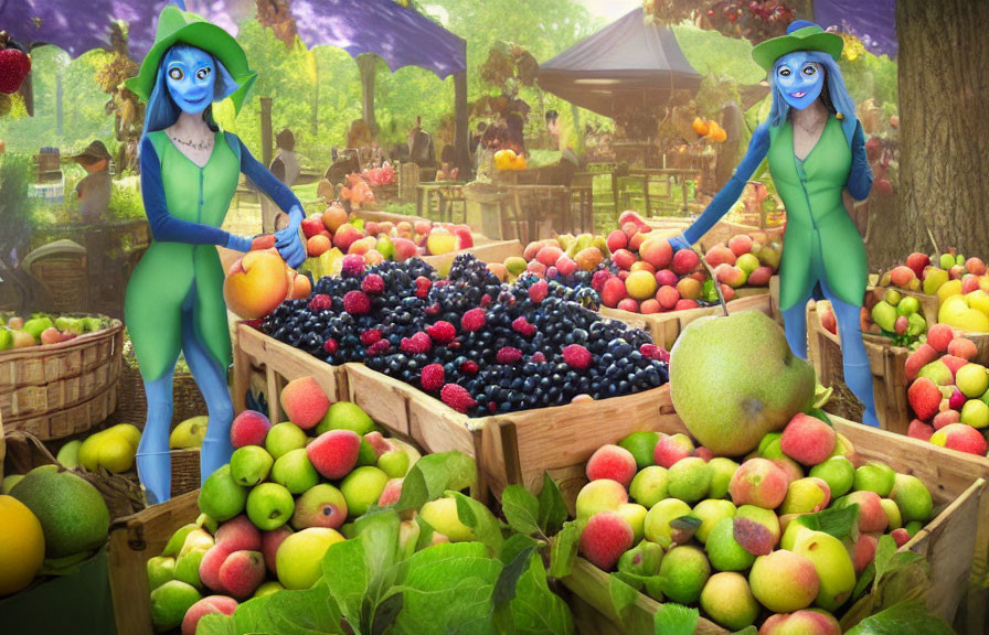 Blue-skinned animated characters explore colorful fruit market with fresh produce