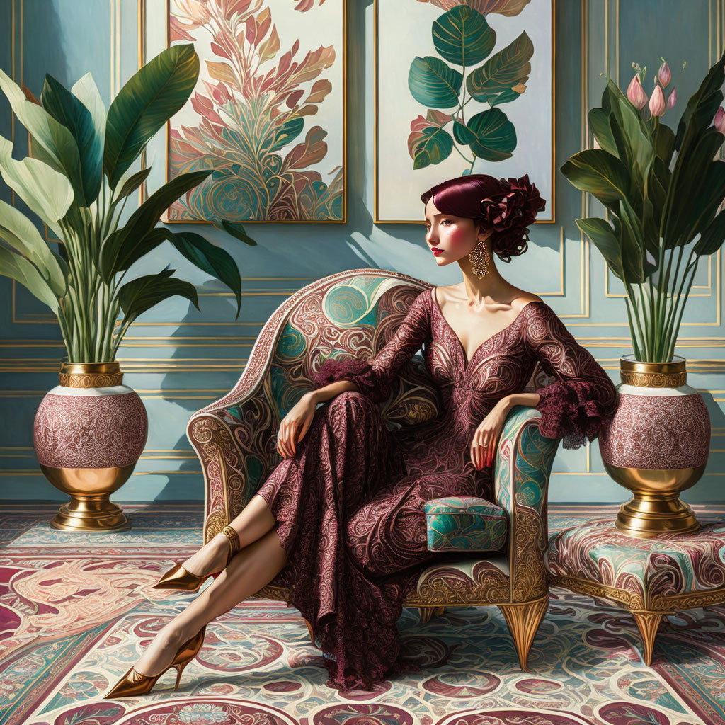 Vintage Burgundy Dress: Elegant Woman in Contemplation surrounded by Plants and Decor