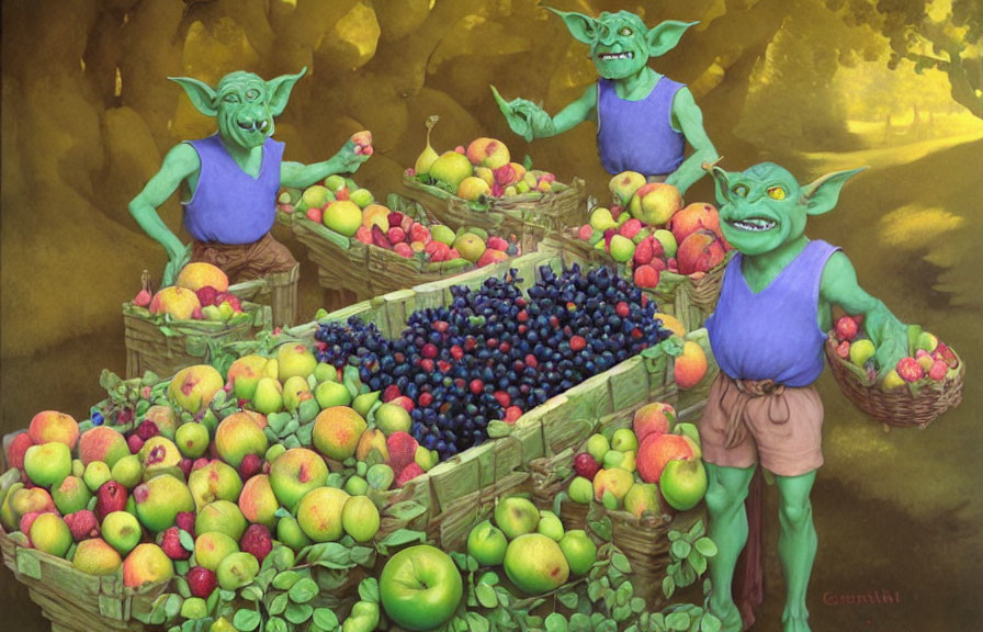 Green-skinned goblin creatures sorting colorful fruits in fantasy scene