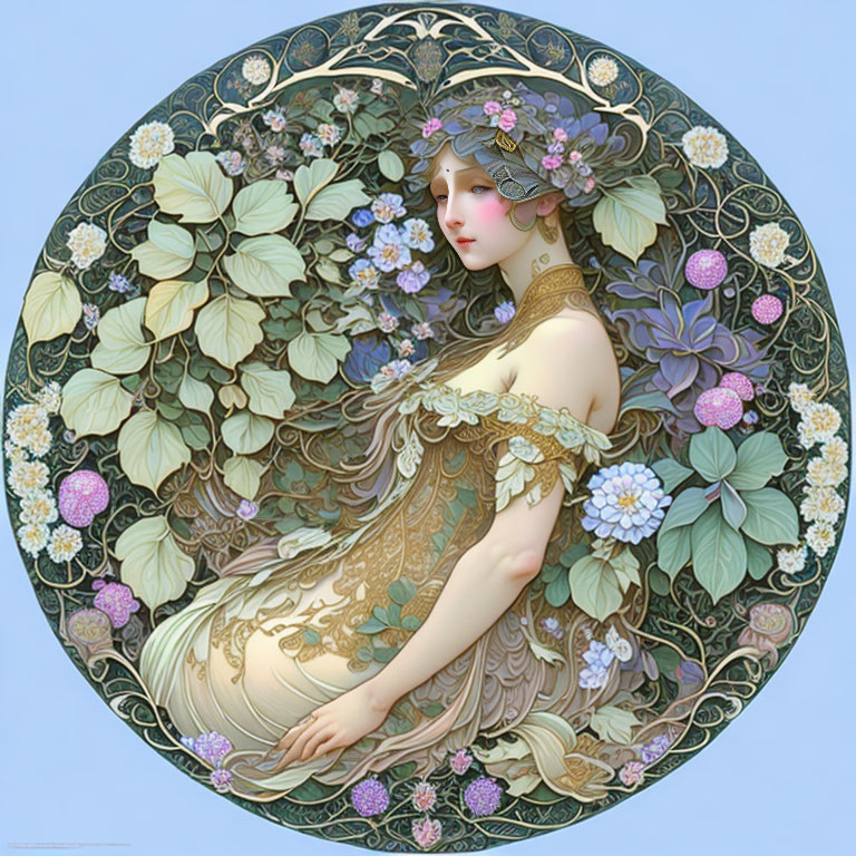 Woman in Floral Dress Surrounded by Art Nouveau Border
