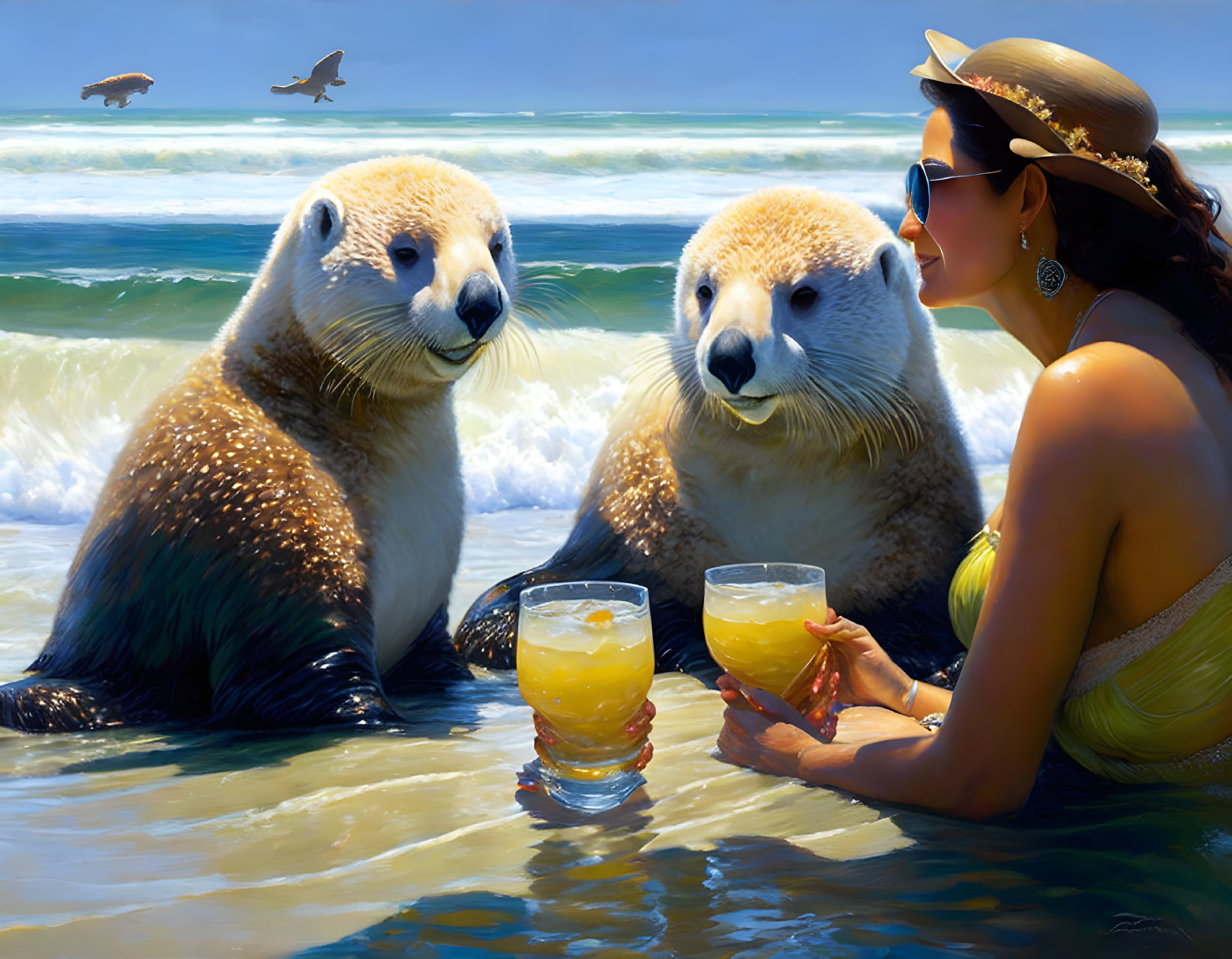 Woman in sunhat with two polar bears on sunny beach