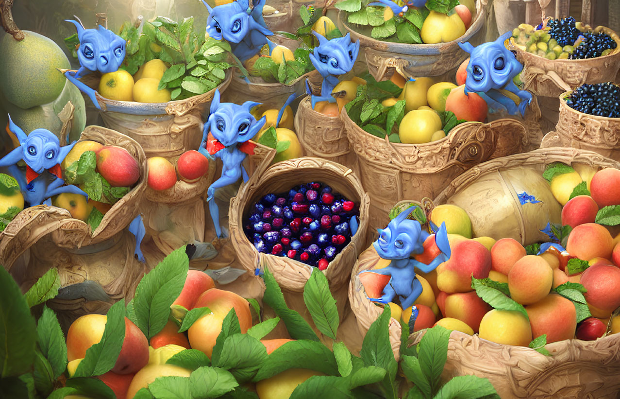 Blue imp-like creatures surrounded by colorful fruits in lush setting