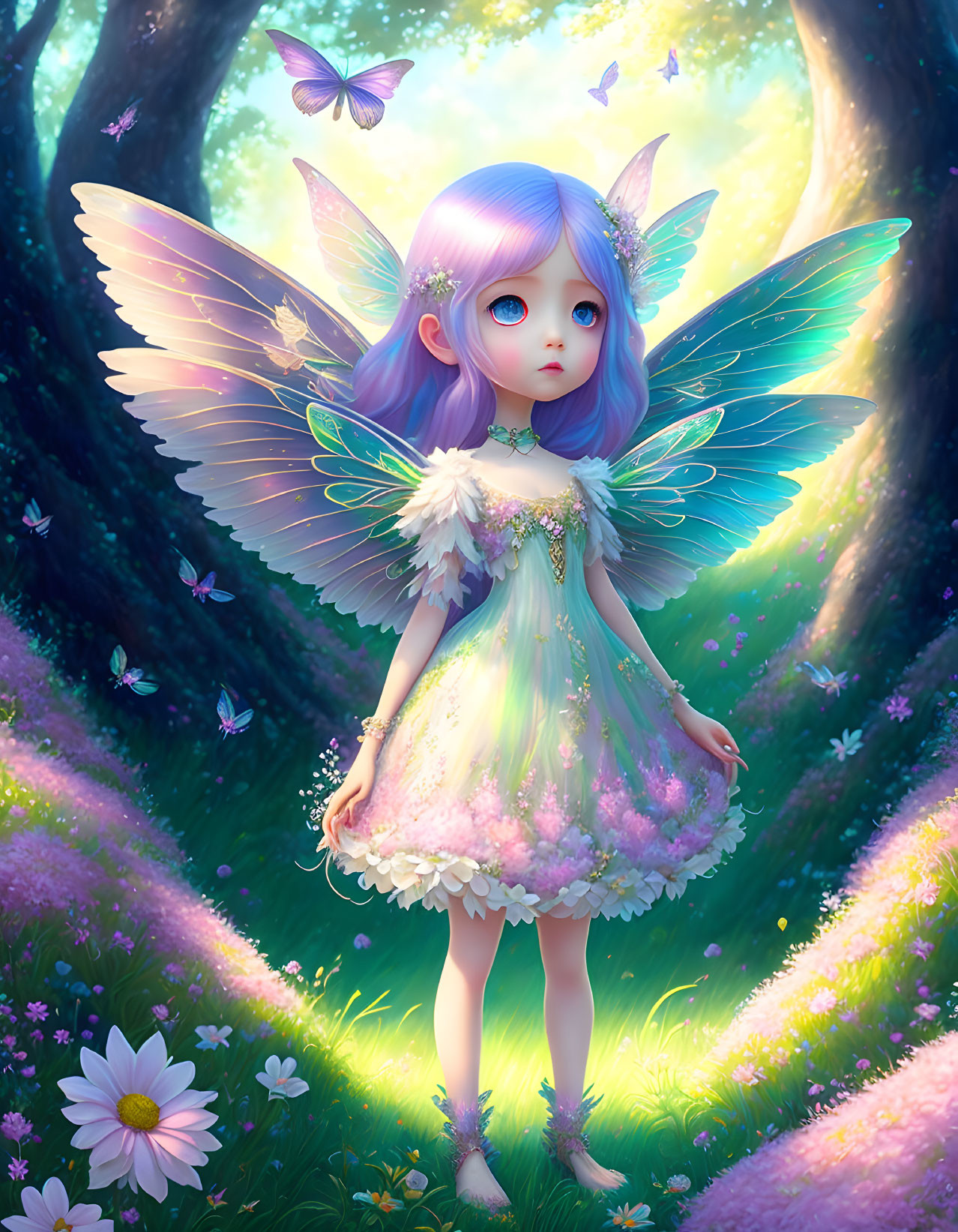 Vibrant fairy with iridescent wings in magical forest glade