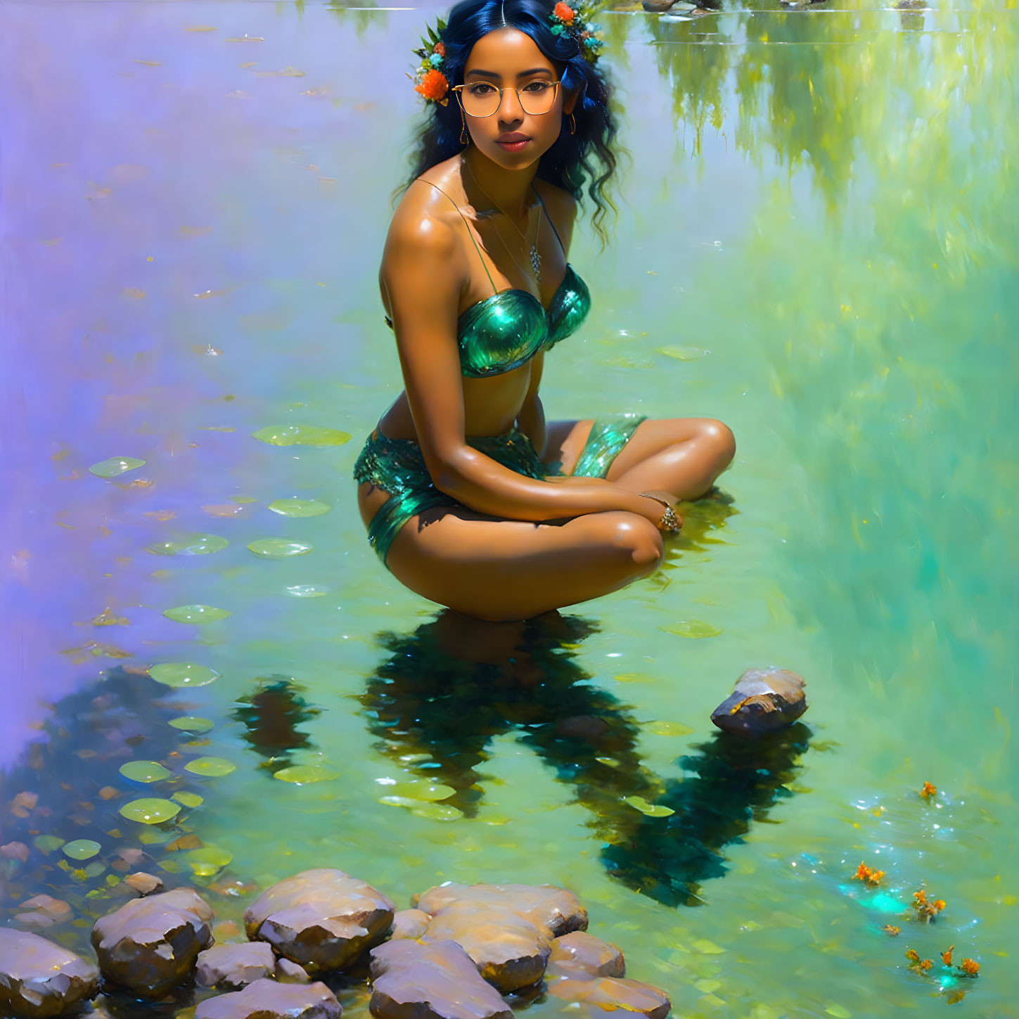 Person in Green Swimsuit with Floral Hair Adornments Squatting in Clear Water