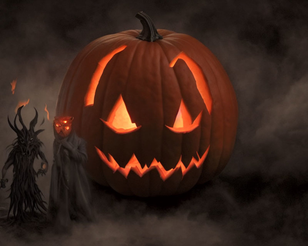 Sinister-faced glowing jack-o'-lantern in misty, shadowy scene