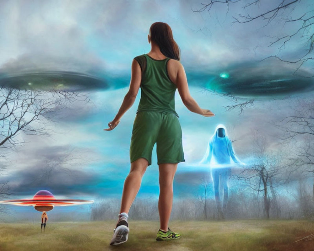 Green sports outfit person gazes at ghostly figure and UFO in misty surreal landscape