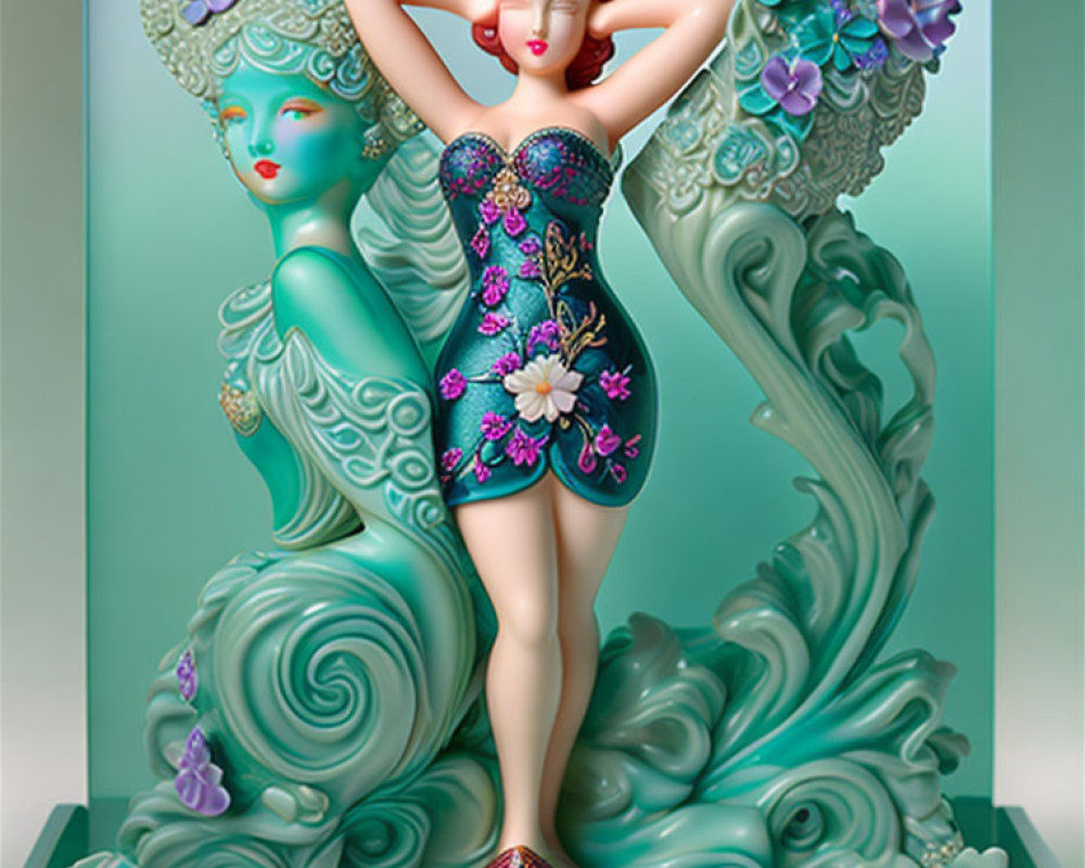 Colorful Art Deco Style Statue Featuring Two Stylized Women & Floral Aquatic Motifs