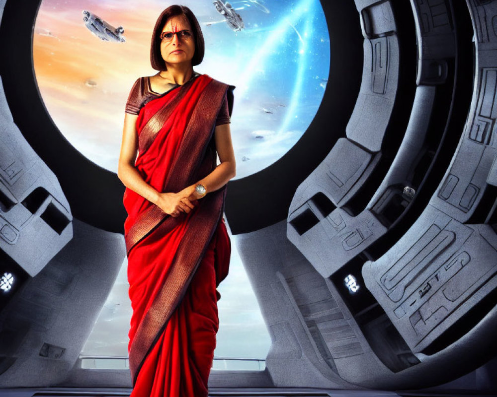 Woman in red sari in futuristic spaceship with space view