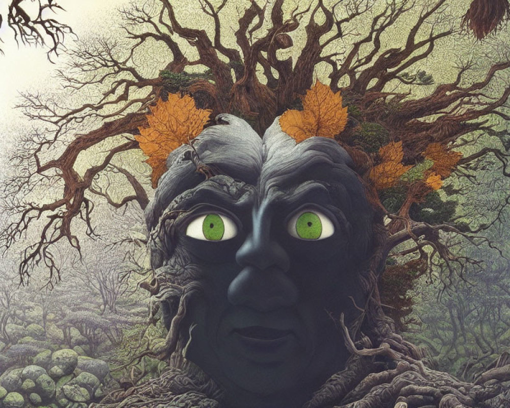 Illustration of tree with human-like face and green eyes in forest