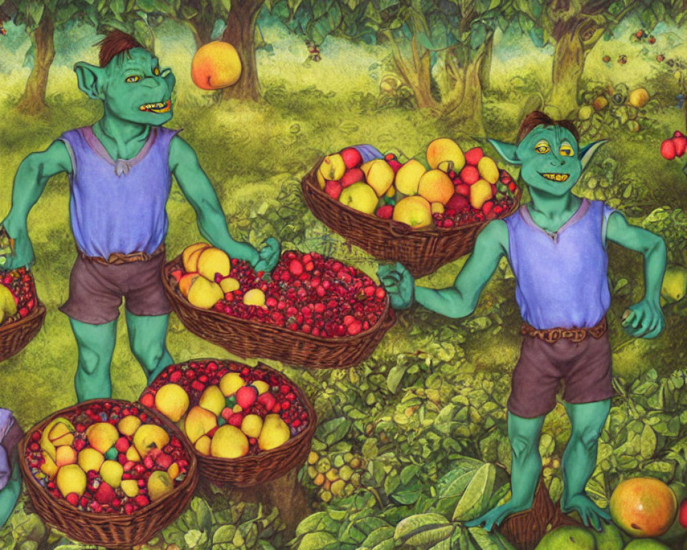 Colorful green trolls picking fruits in lush orchard with red and yellow harvest baskets.