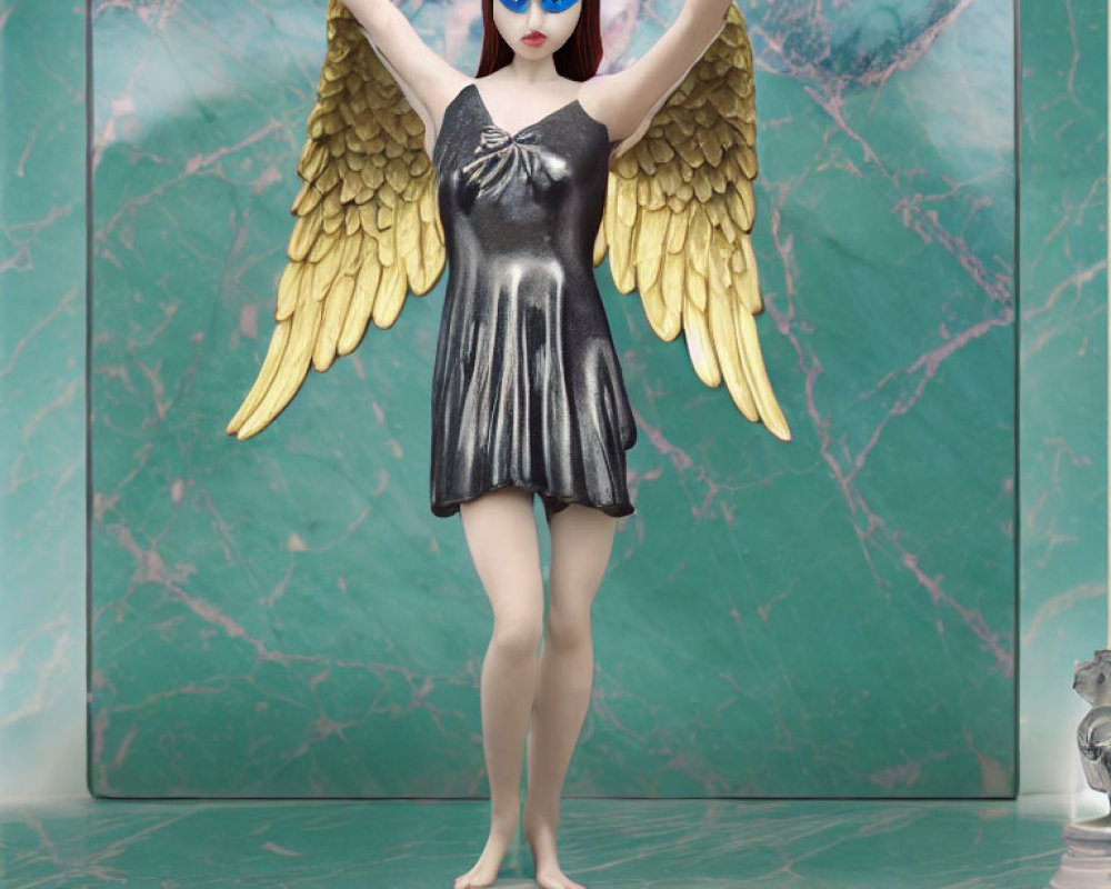 Winged woman figurine in metallic dress with golden wings and blue mask on marbled background