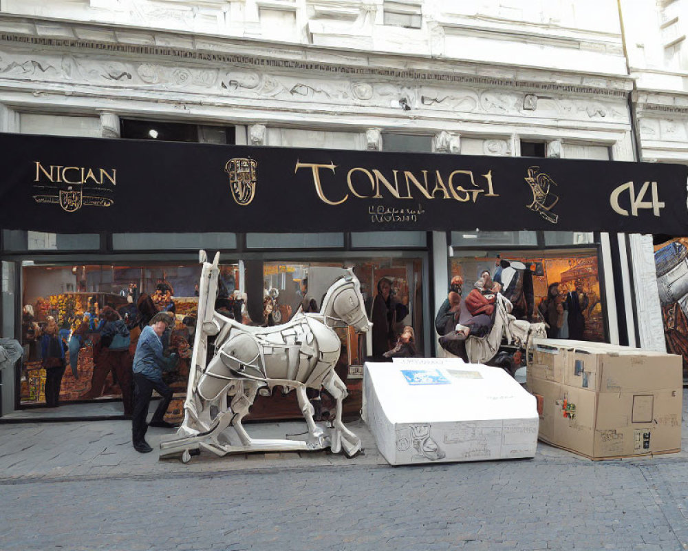 Medieval-themed storefront with life-size white horse sculpture and chariot.