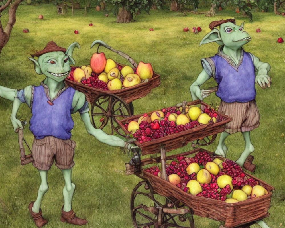 Smiling goblins picking apples in an orchard