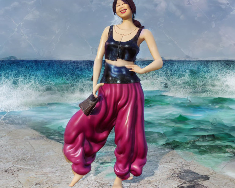 Smiling woman in purple harem pants with ocean background