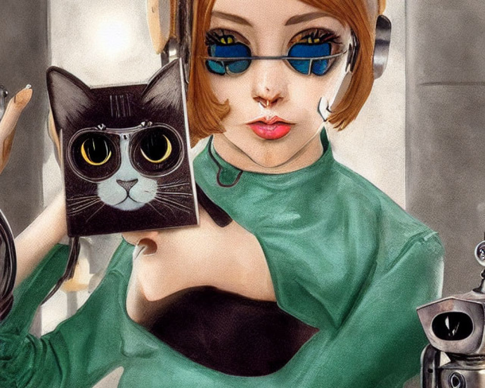 Futuristic woman with blue glasses showing cat picture to robotic arm