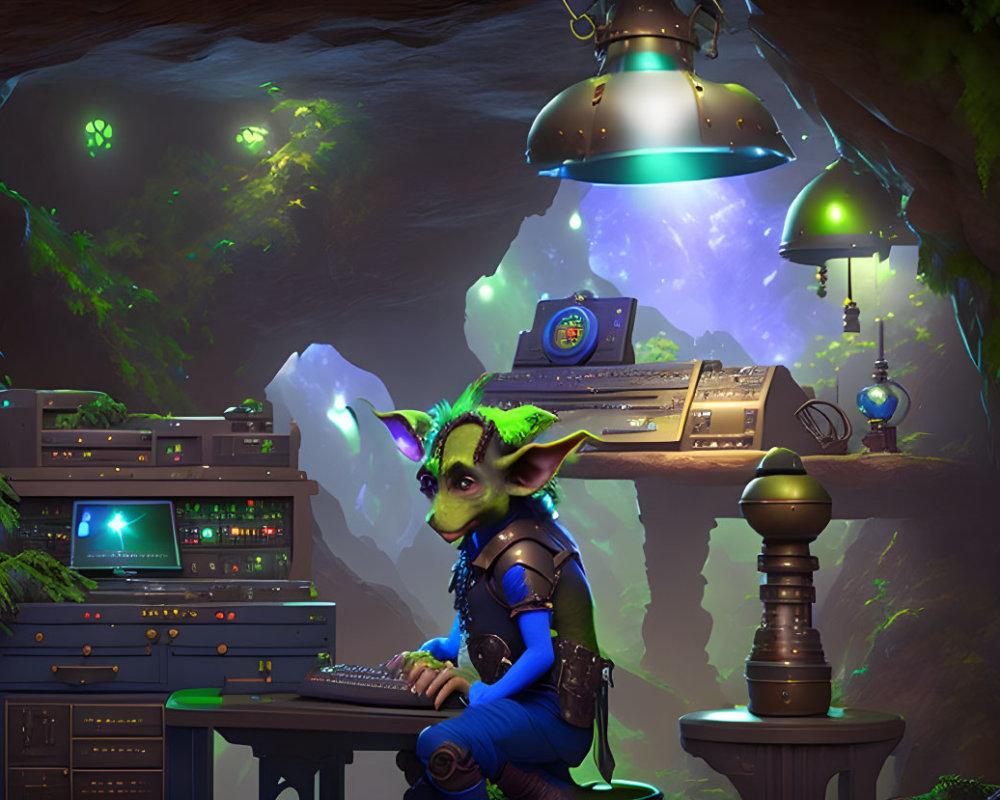 Green-skinned creature with large ears at futuristic control panel in cave