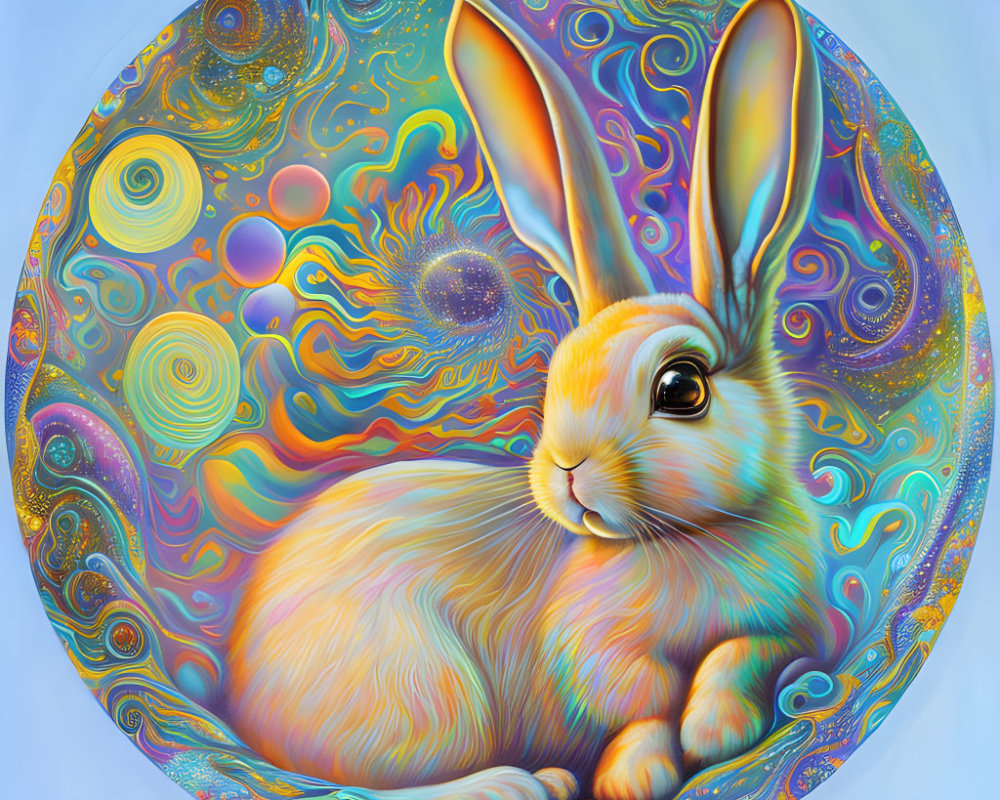 Colorful Circular Rabbit Artwork with Cosmic Motifs