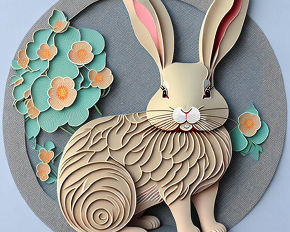 Whimsical 3D paper art of beige rabbit in floral setting