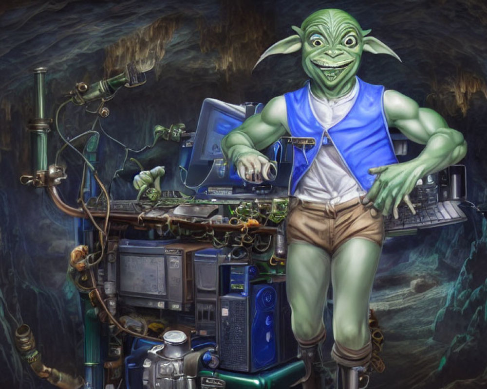 Green-skinned DJ with pointed ears mixing tunes in high-tech cave setting