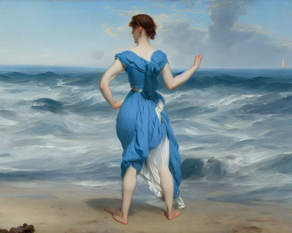 Woman in flowing blue dress gazes at sea on beach