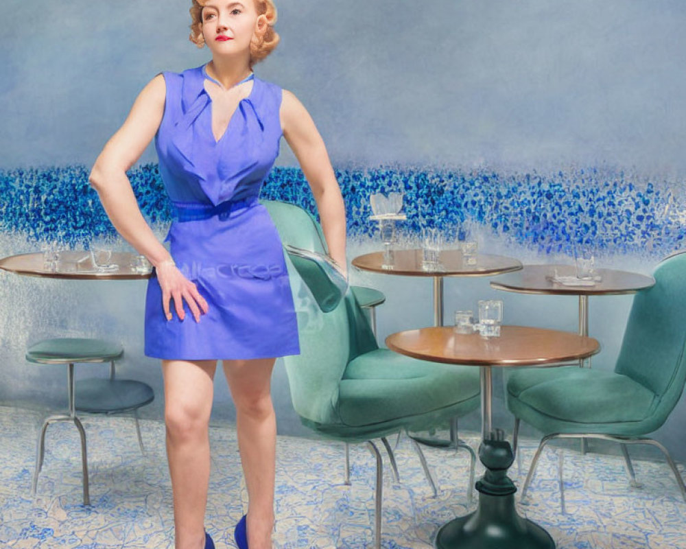 Vintage Blue Dress Woman in Elegant Café with Mosaic Walls