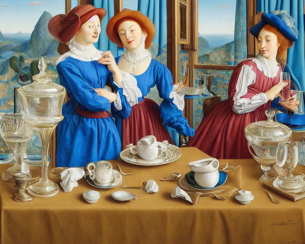 Renaissance women in elegant conversation near window with glassware