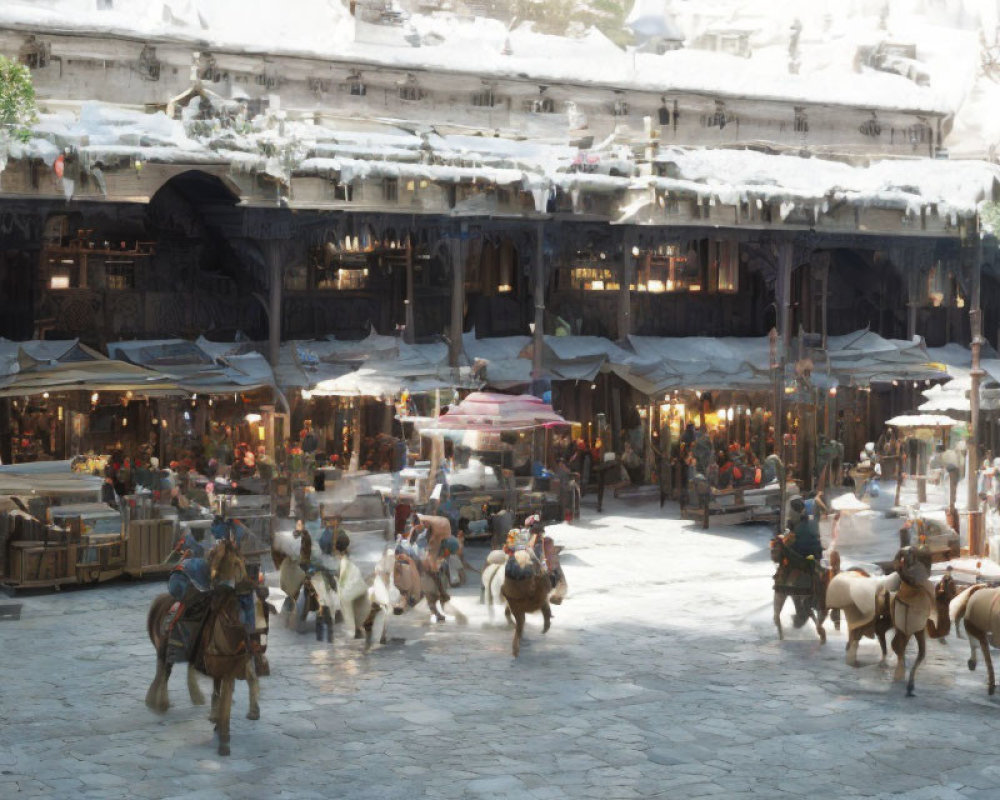 Medieval market square with snow-covered roofs, merchants, patrons, and riders on horses.