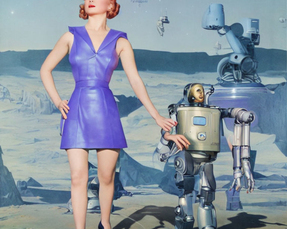 Vintage-style Illustration: Woman in Purple Dress with Classic Robots in Retro-Futuristic Space Landscape