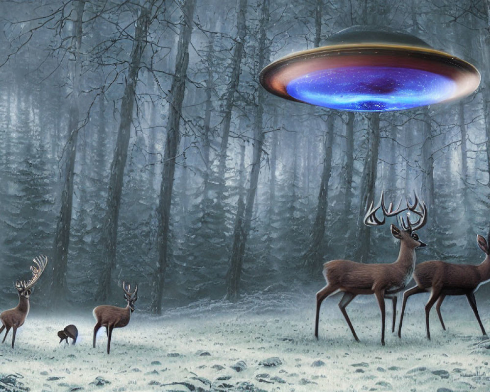 Deer watching glowing UFO over snowy forest clearing