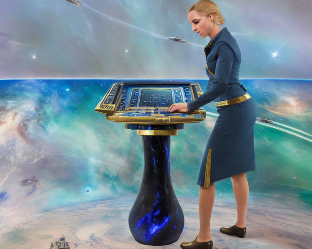 Futuristic woman in uniform at cosmic console with spaceships and nebulae