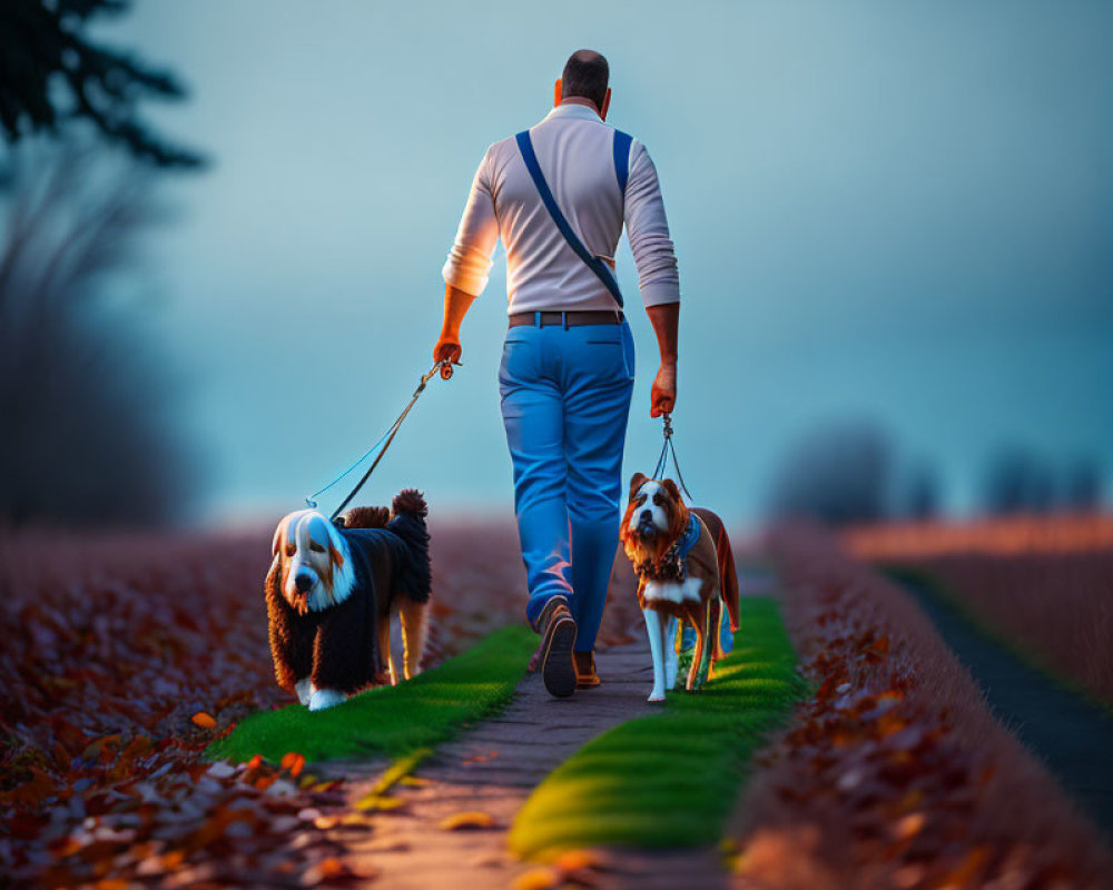 Man walking two dogs on autumn path at dusk with serene countryside and tranquil sky