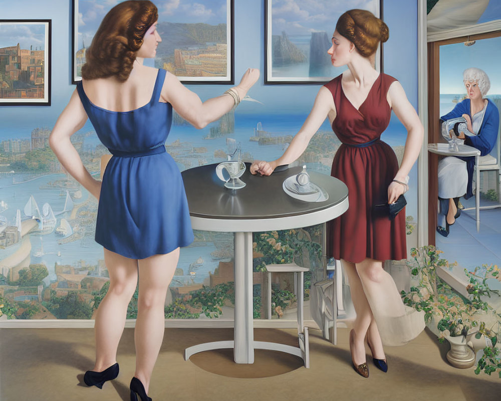 Two women in elegant dresses having tea by the coast with a cityscape background.