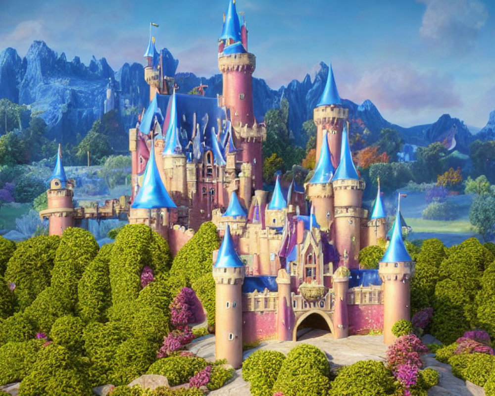 Colorful animated castle with pink and blue towers in mountainous landscape