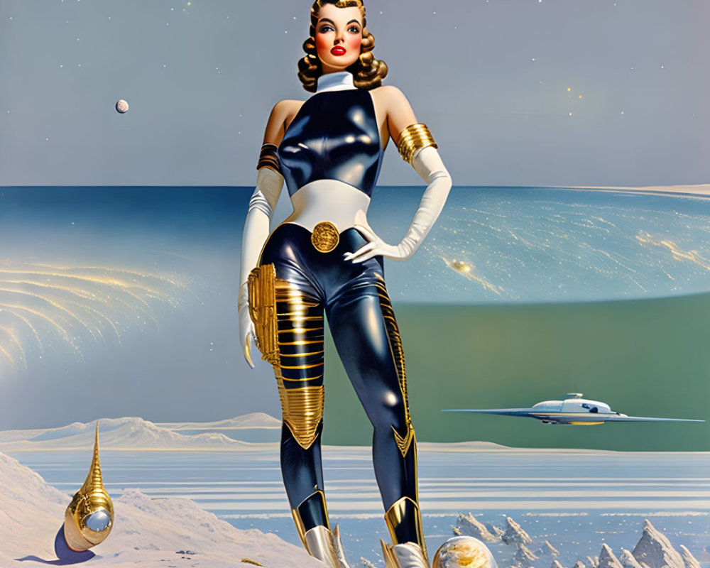 Retro-futuristic illustration of woman in sci-fi outfit with golden accents and vintage spaceships