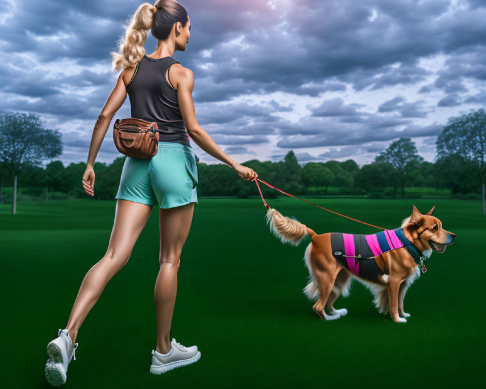 Woman in Sportswear Walking Dog on Leash in Green Landscape